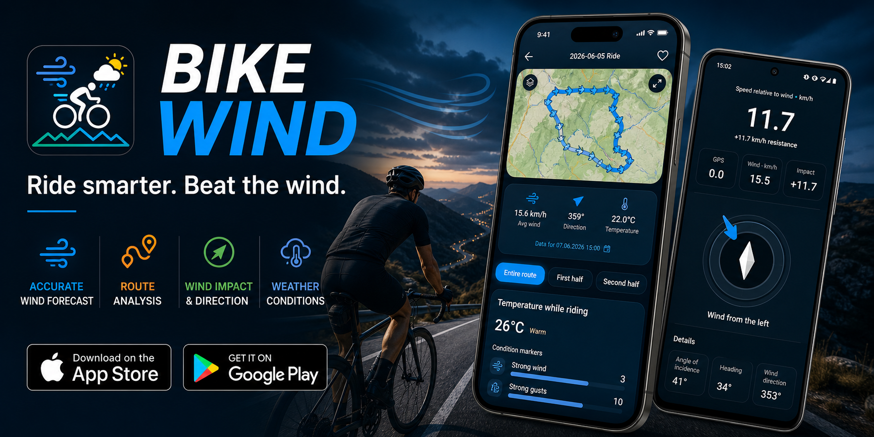 BikeWind app preview with App Store and Google Play