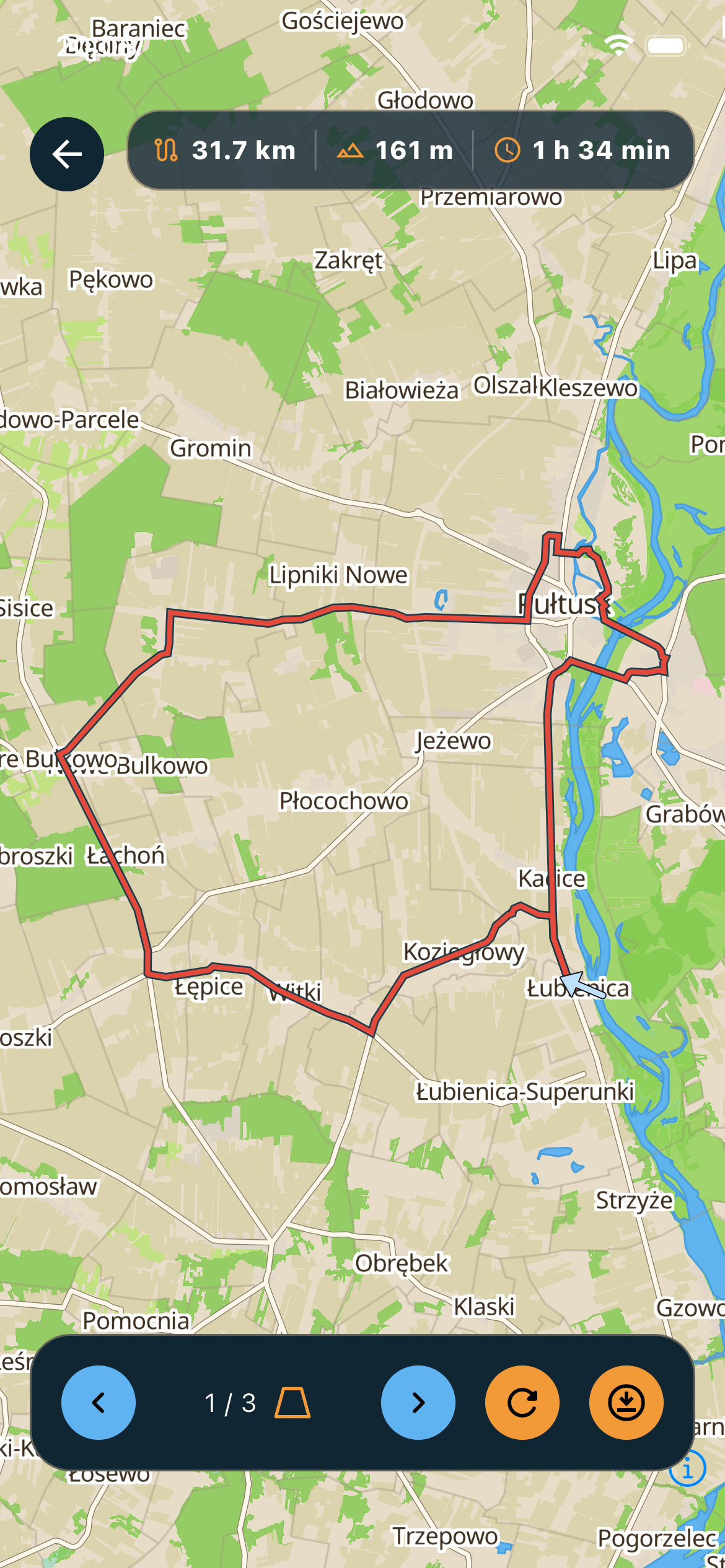 BikeWind generated cycling route on the map