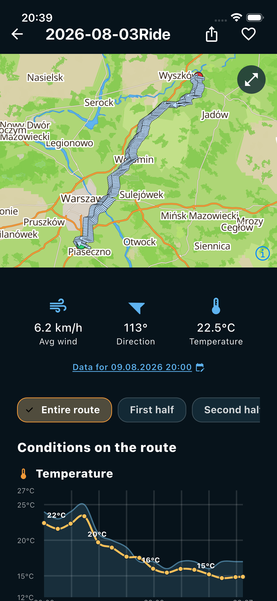BikeWind Live navigation with wind-relative speed